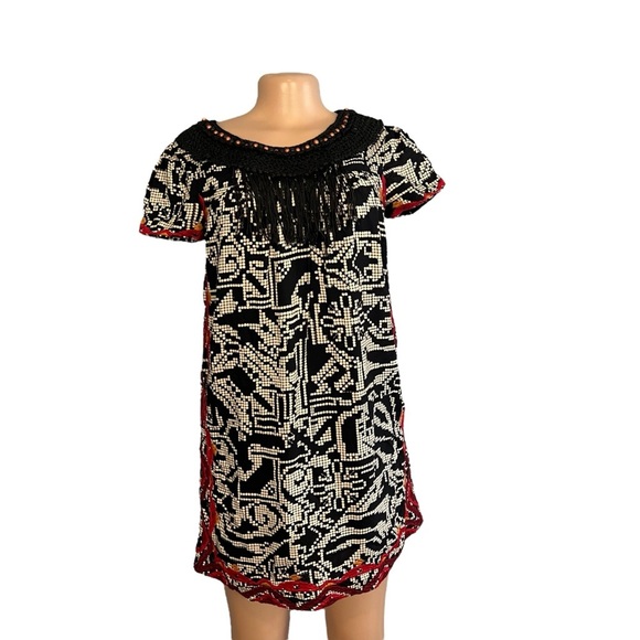 3/$30 🍂 Anthropologie Floreat Abelia Tribal Print Dress Black Multicolored - Picture 7 of 10